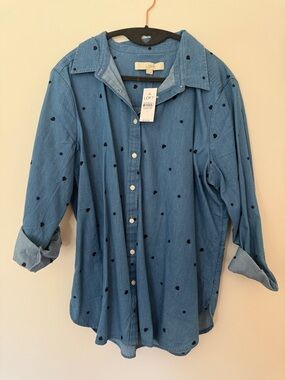 LOFT Blue Denim-Style Shirt with Black Dot & heart Print